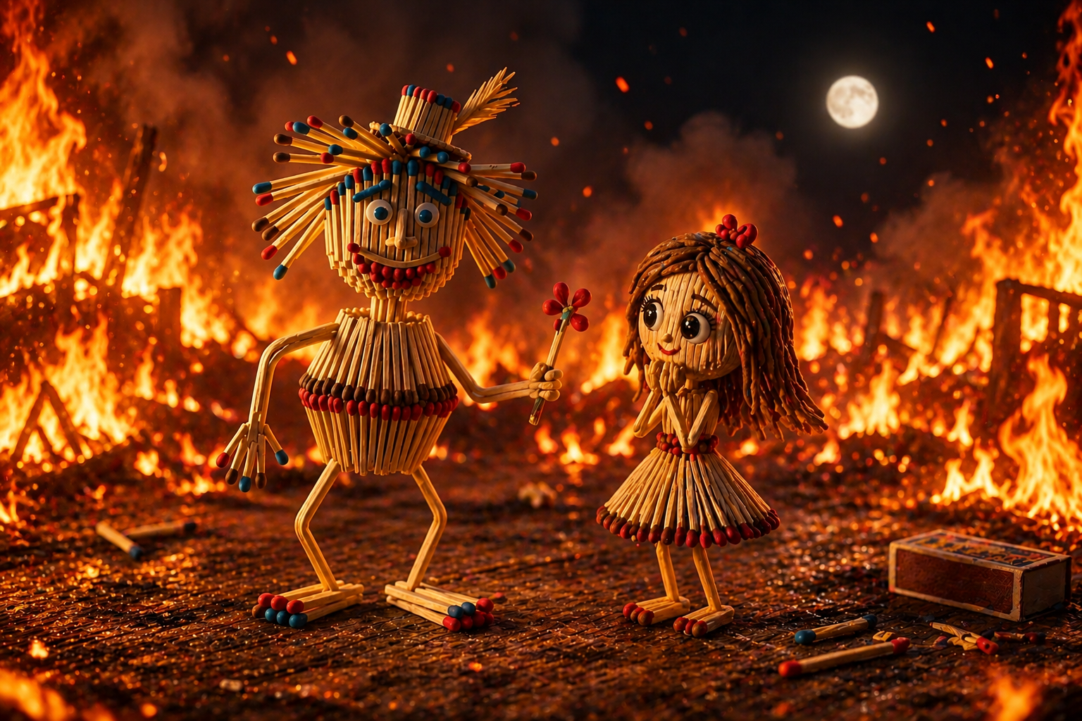 Two matchstick people sharing a flower with burning fire surrounding them
